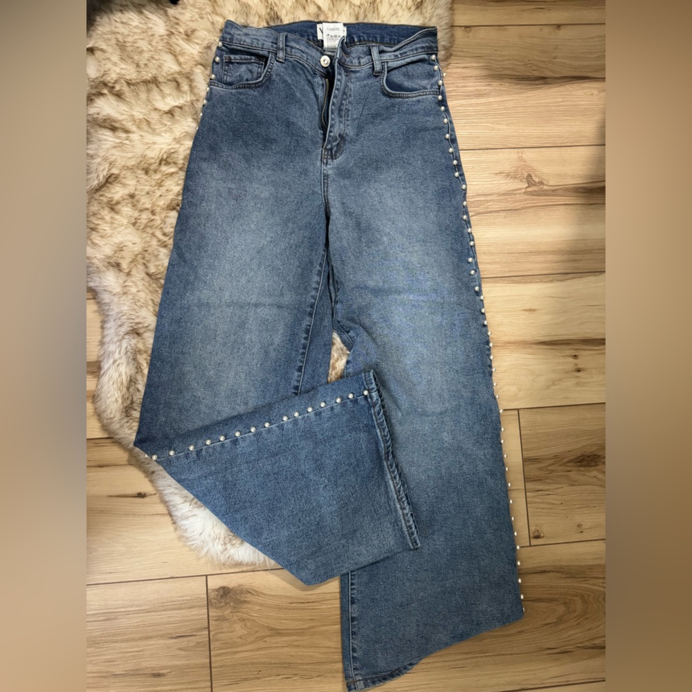 Blue Wide Leg Jeans with Pearl Studded Detailing